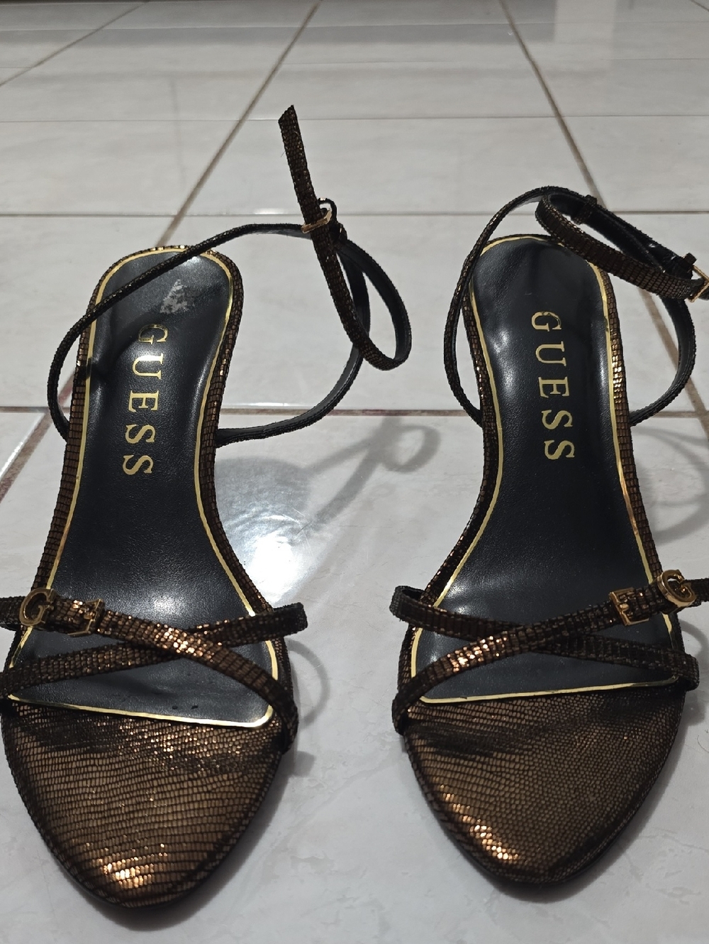 GUESS Bronze Metallic Strappy Ankle-Heel Sandals